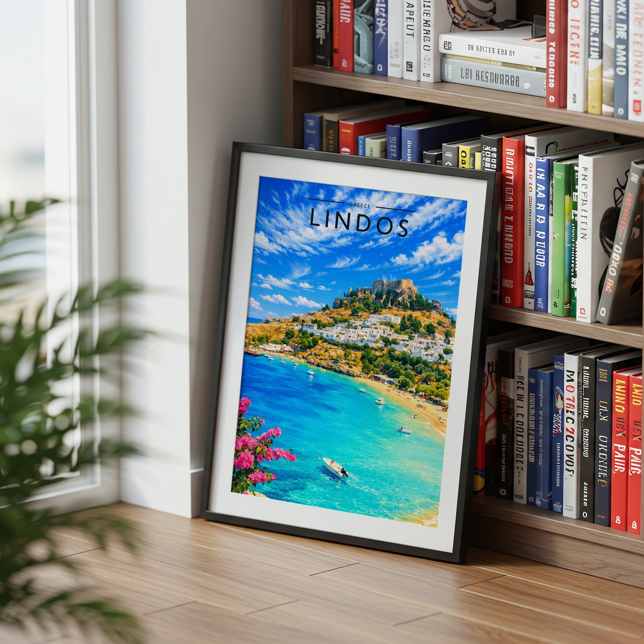 Lindos #2 Travel Poster mounted in a black frame