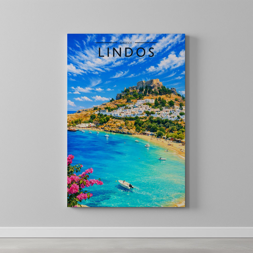 Lindos #2 Travel Poster as a gallery-wrapped canvas on a plain wall