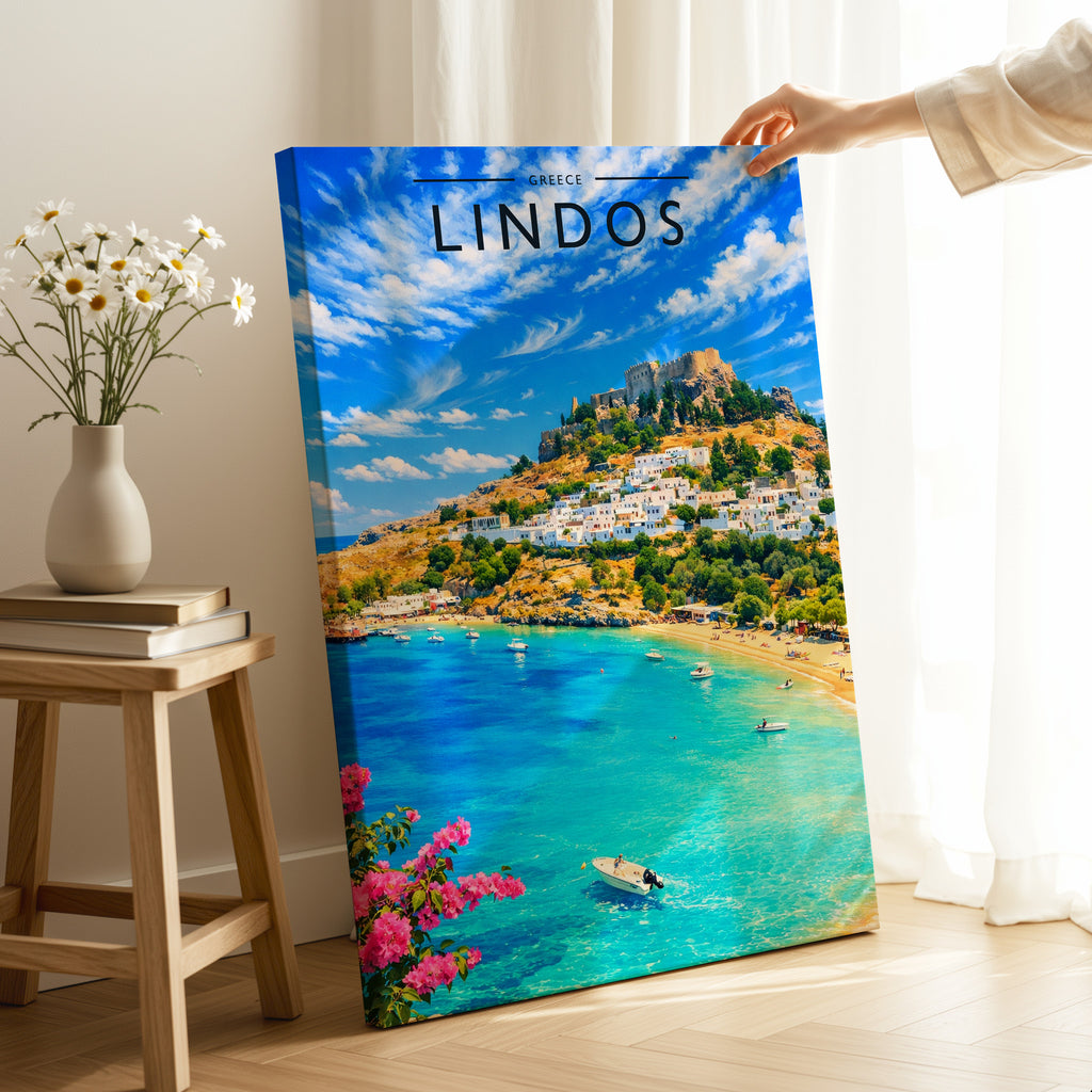 Lindos #2 Travel Poster as a gallery-wrapped canvas