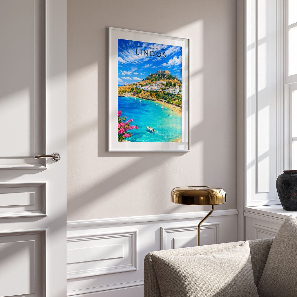 Lindos #2 Travel Poster in a white frame on a panelled wall