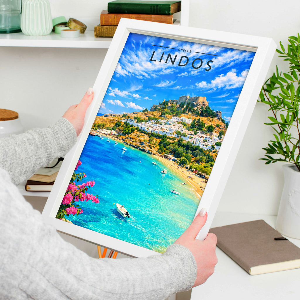 Lindos #2 Travel Poster in a white frame, held to show scale