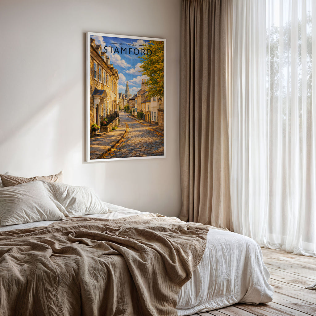 Stamford #9 Travel Poster framed on a bedroom wall