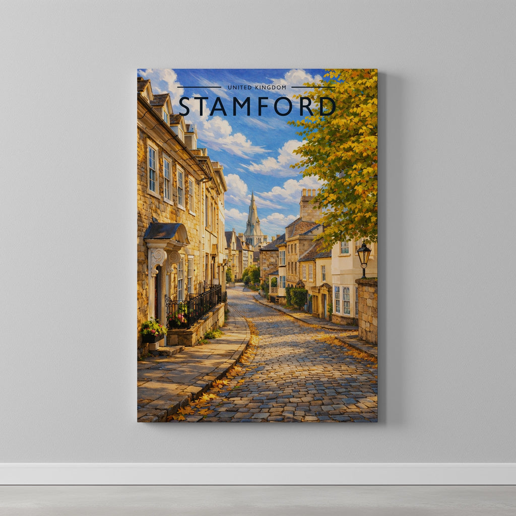 Stamford #9 Travel Poster as a gallery-wrapped canvas on a plain wall