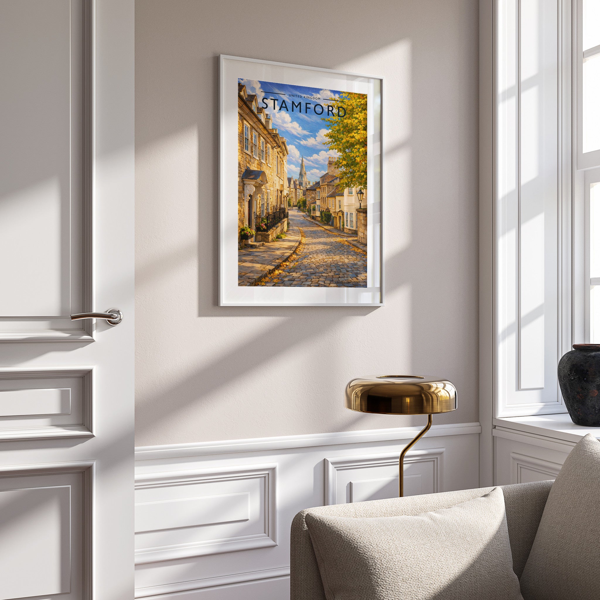 Stamford #9 Travel Poster in a white frame on a panelled wall