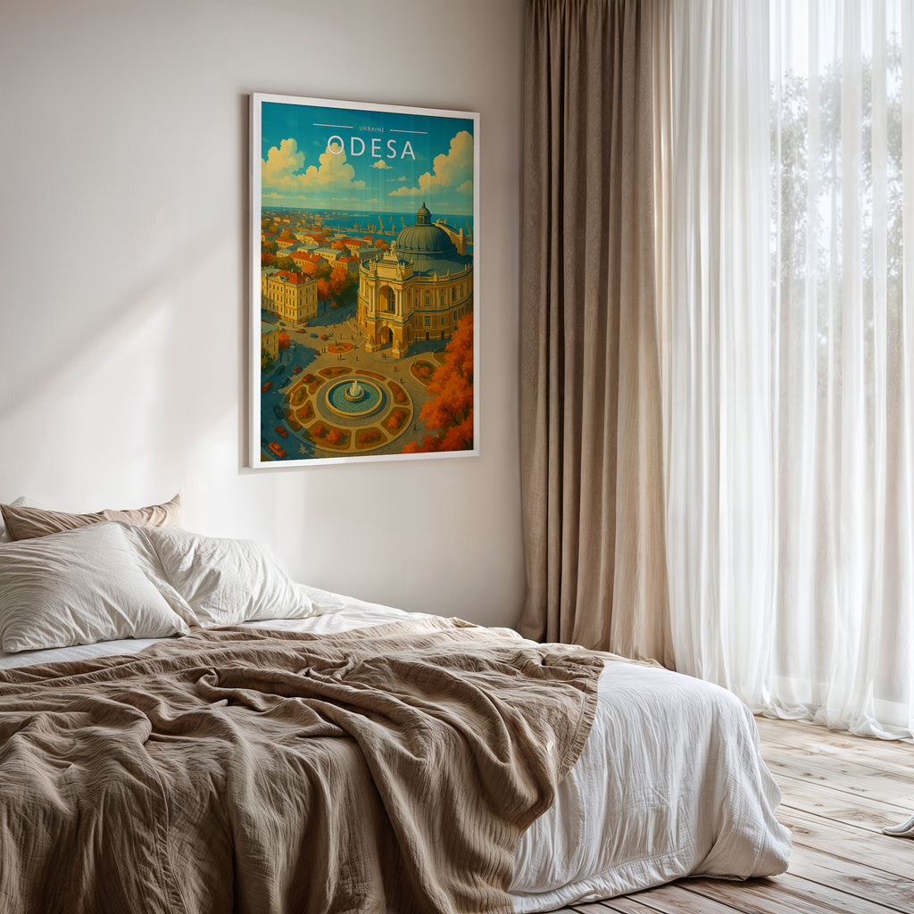Odesa Travel Poster framed on a bedroom wall