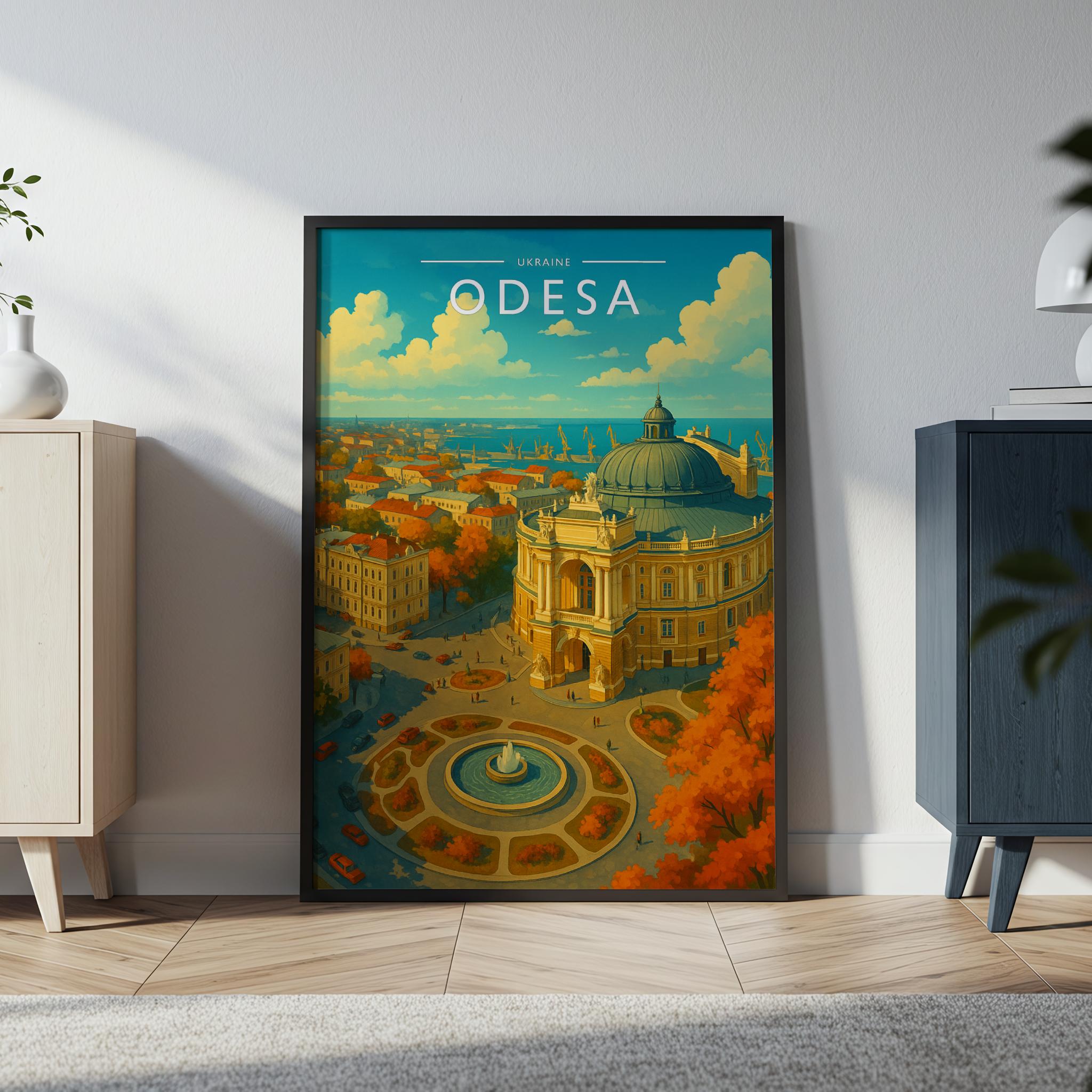 Odesa Travel Poster in a black frame