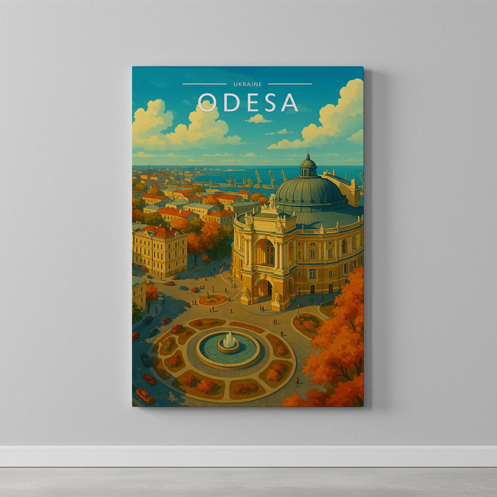 Odesa Travel Poster as a gallery-wrapped canvas on a plain wall