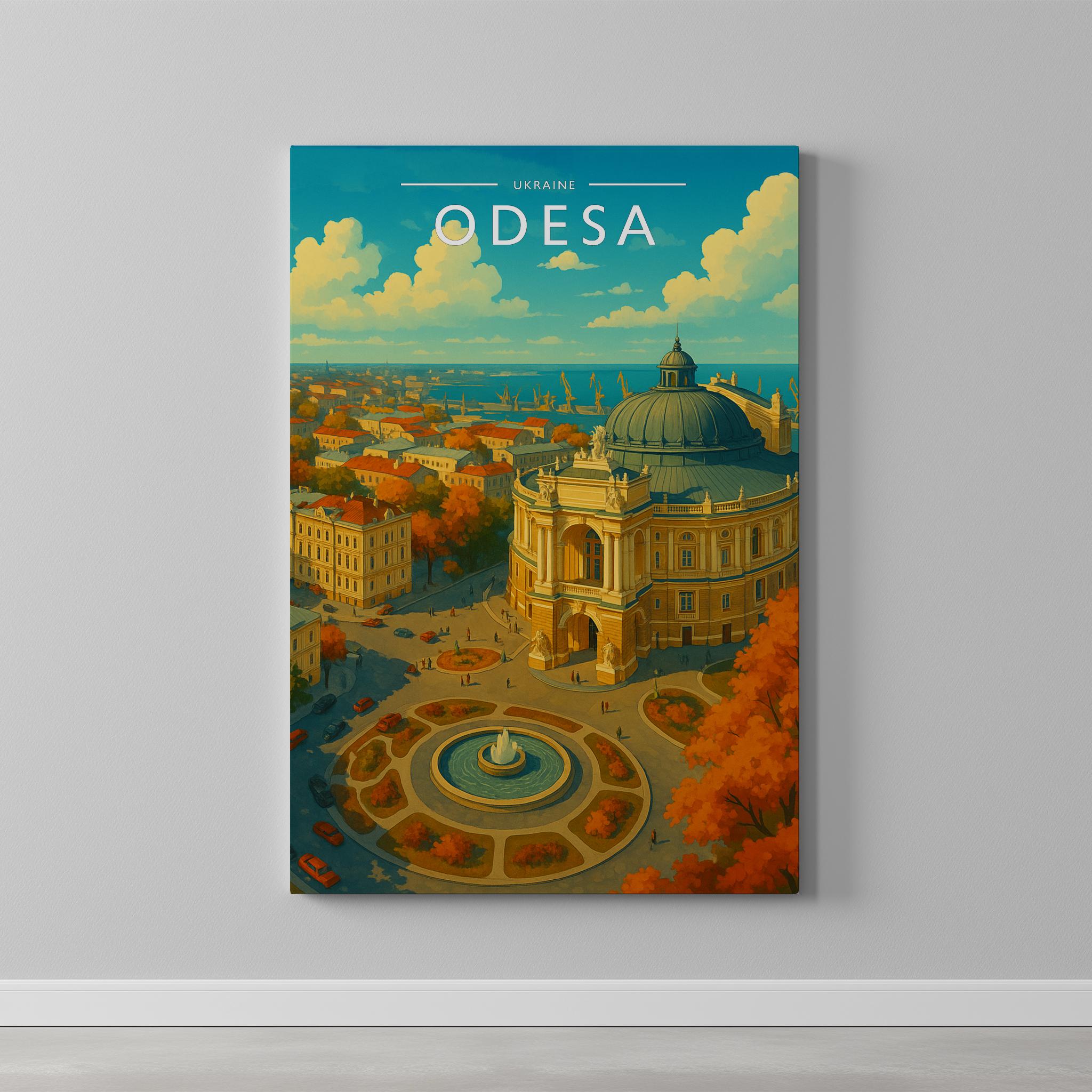 Odesa Travel Poster as a gallery-wrapped canvas on a plain wall