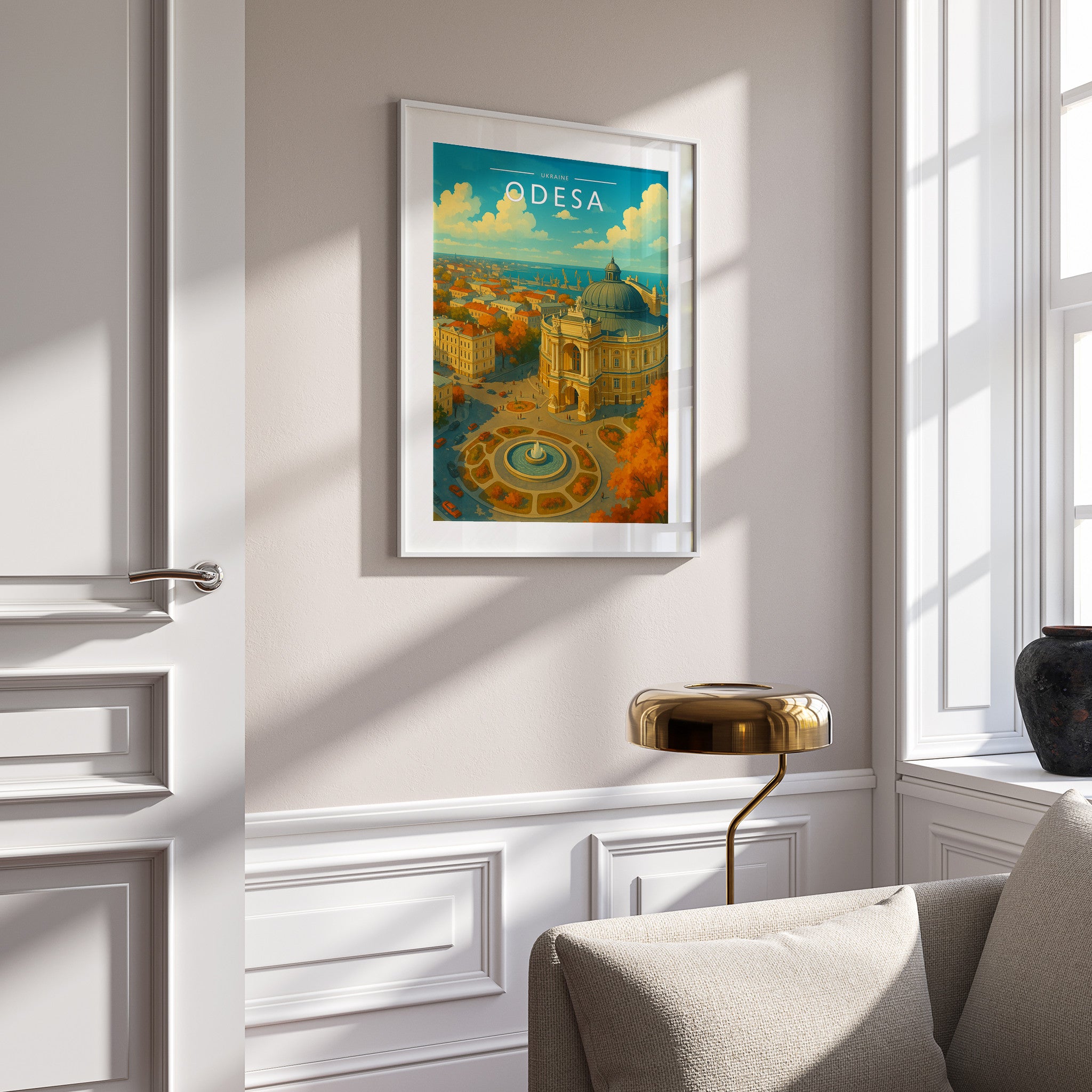 Odesa Travel Poster in a white frame on a panelled wall