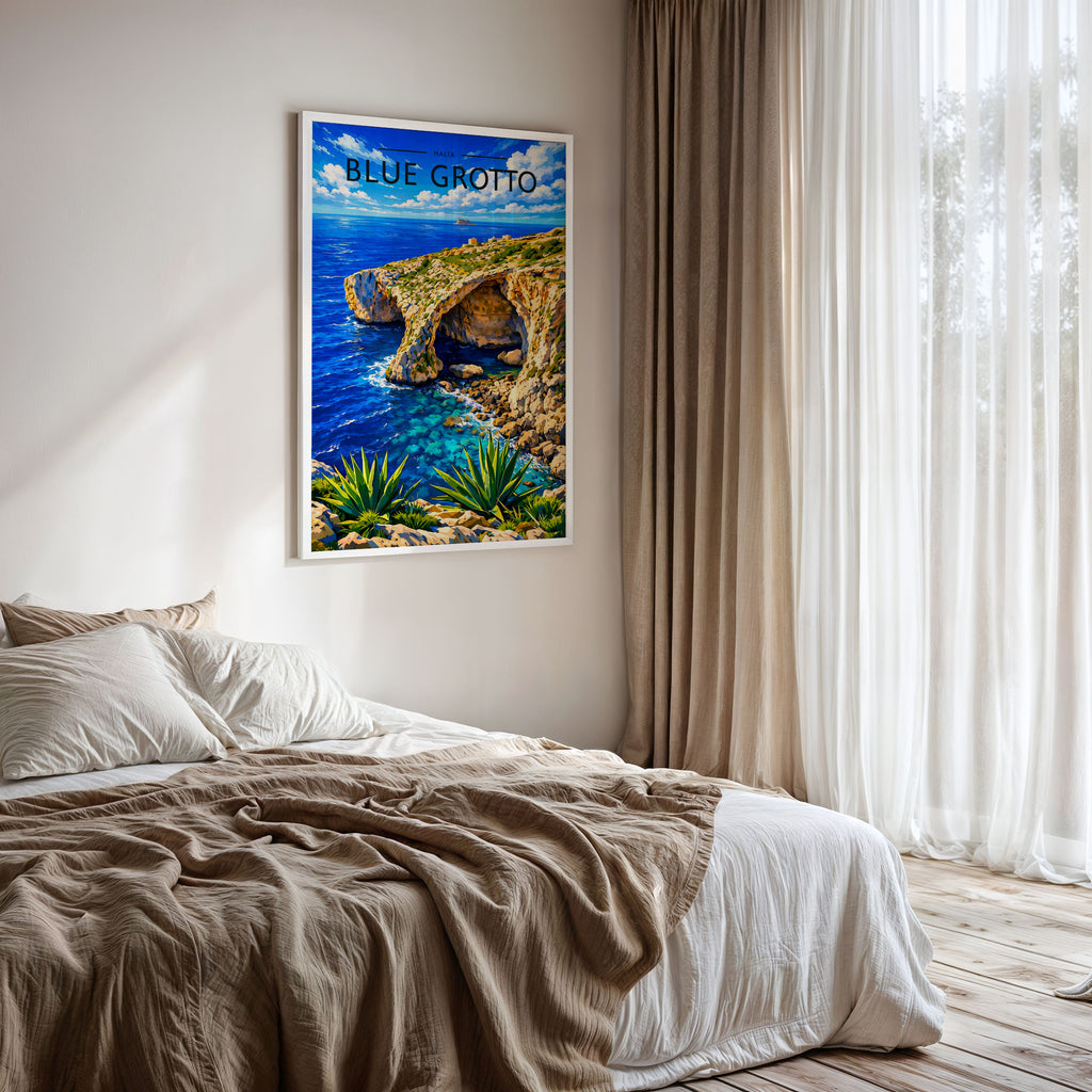 Blue Grotto Travel Poster framed on a bedroom wall