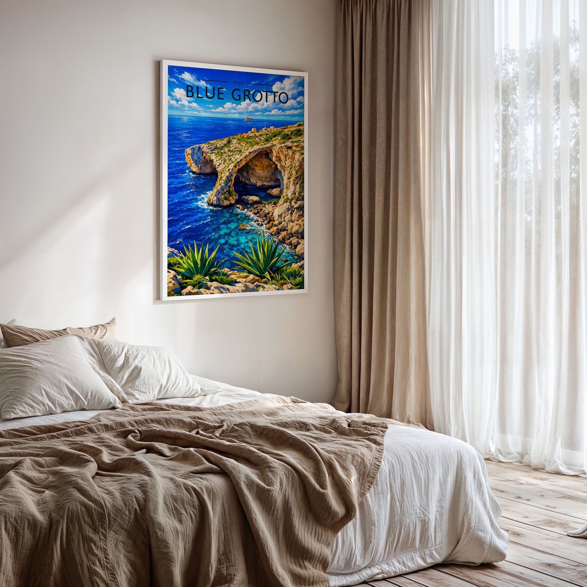 Blue Grotto Travel Poster framed on a bedroom wall