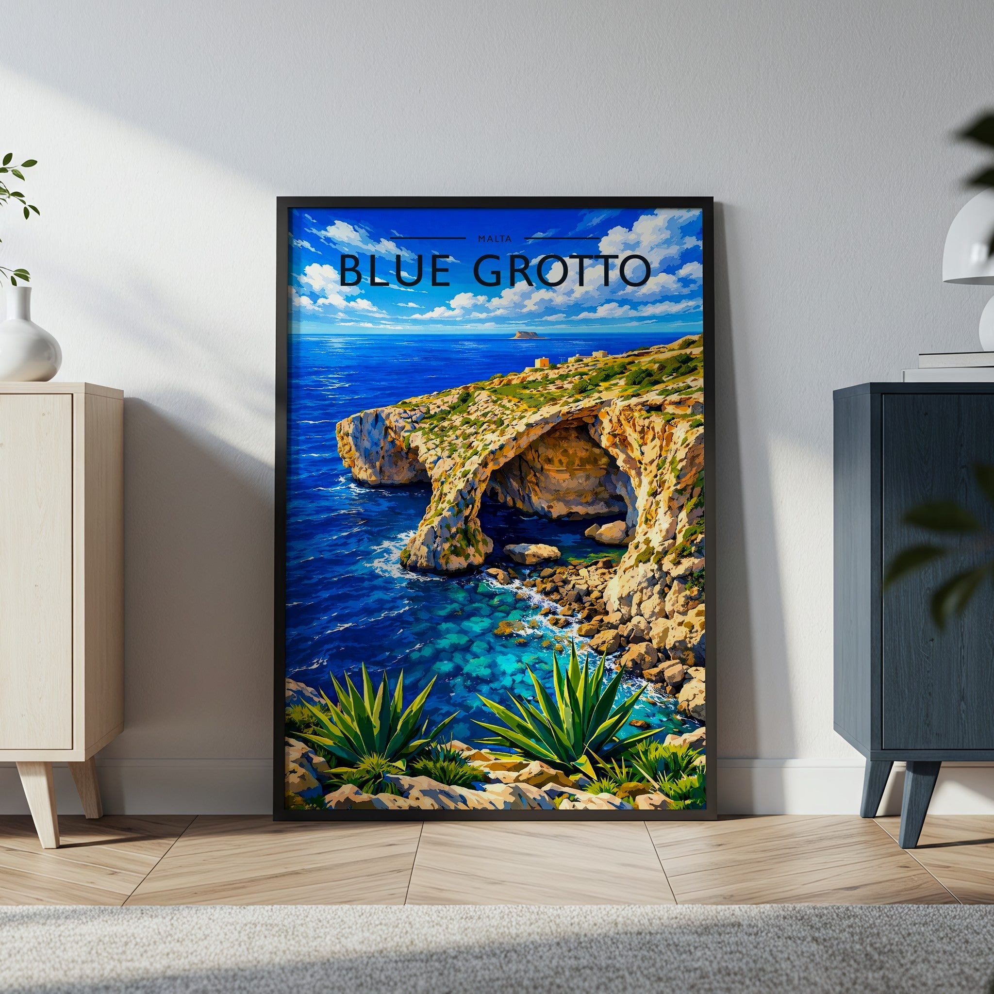 Blue Grotto Travel Poster in a black frame