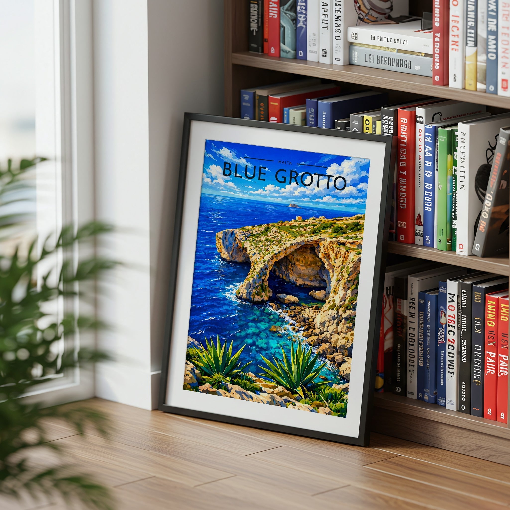 Blue Grotto Travel Poster mounted in a black frame