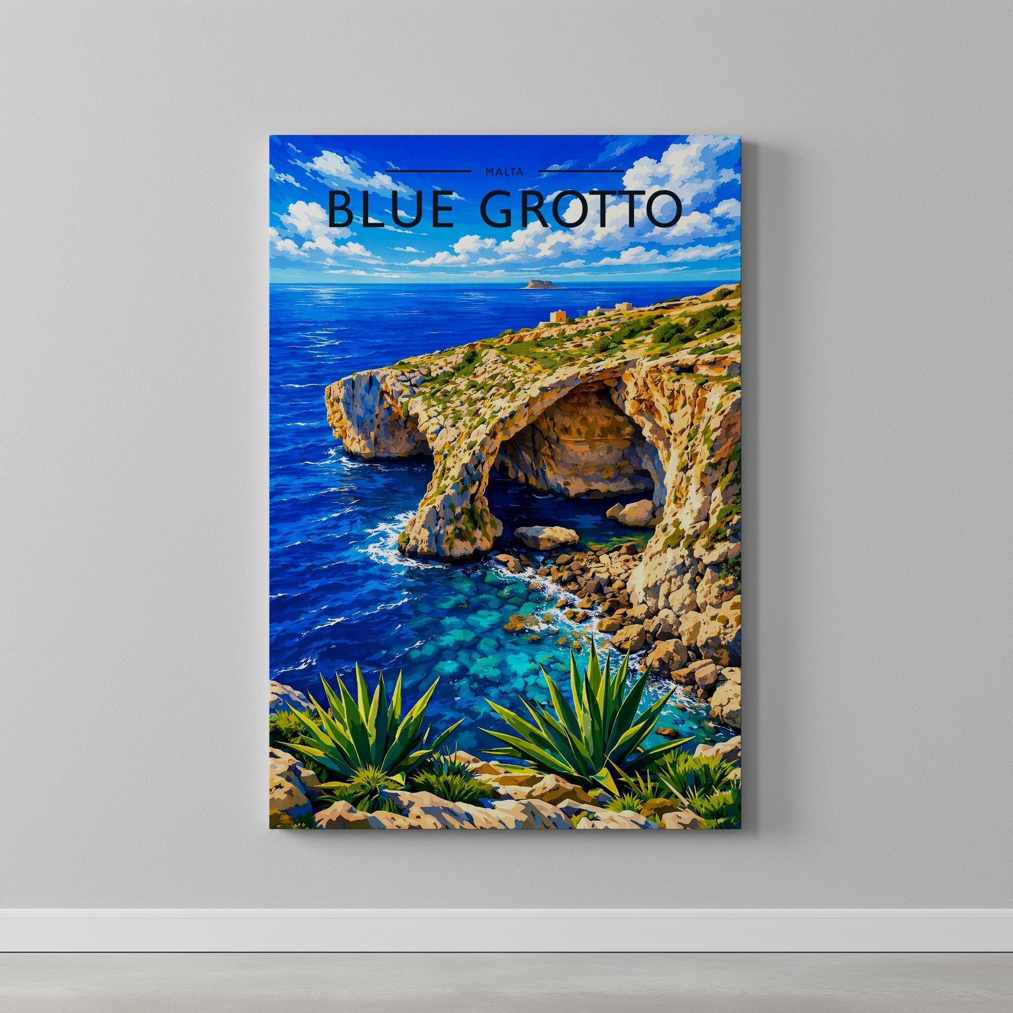 Blue Grotto Travel Poster as a gallery-wrapped canvas on a plain wall
