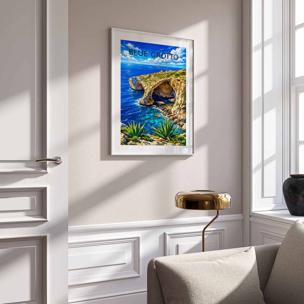 Blue Grotto Travel Poster in a white frame on a panelled wall