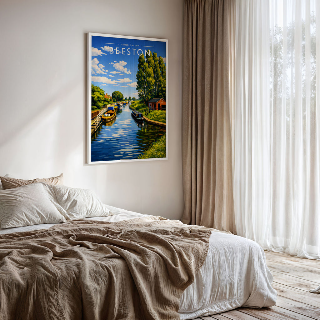 Beeston Travel Poster framed on a bedroom wall
