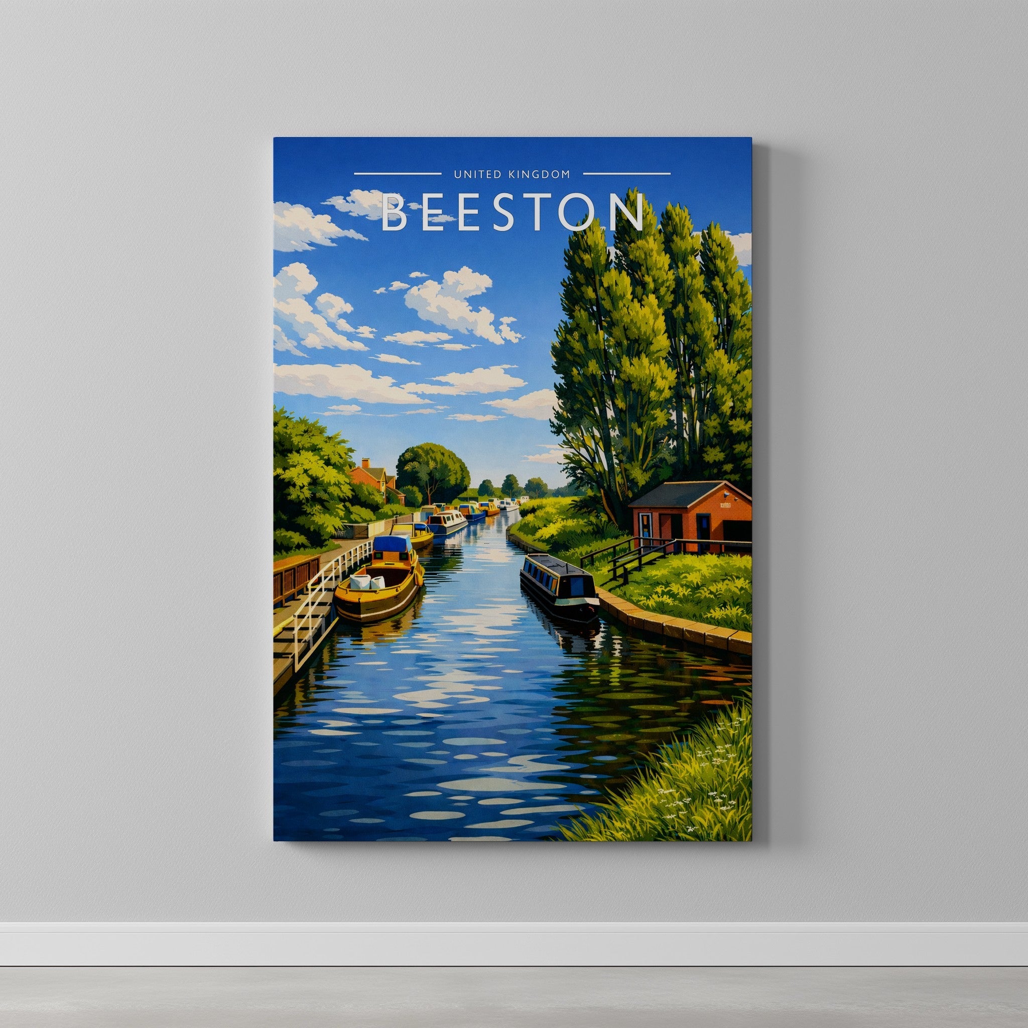 Beeston Travel Poster as a gallery-wrapped canvas on a plain wall