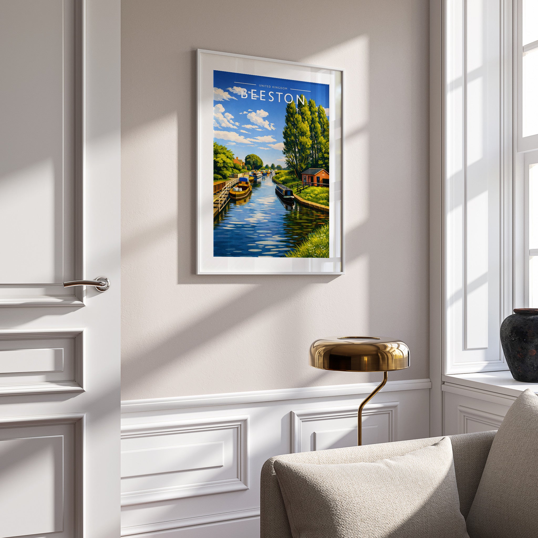 Beeston Travel Poster in a white frame on a panelled wall