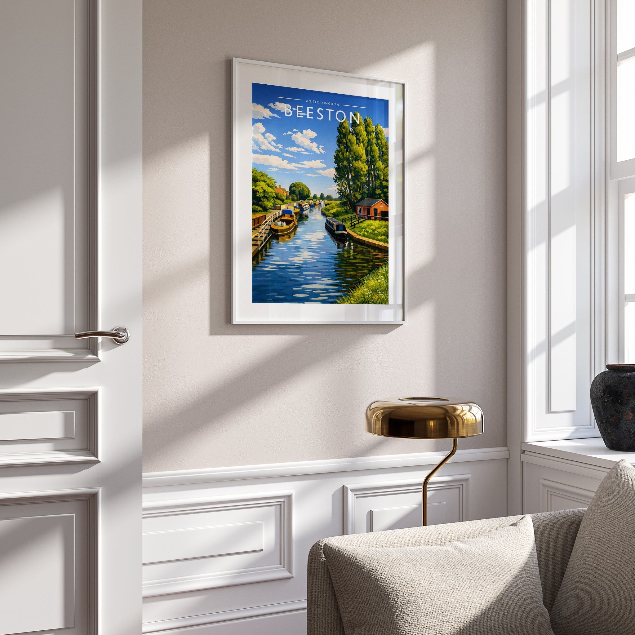 Beeston Travel Poster mounted in a white frame