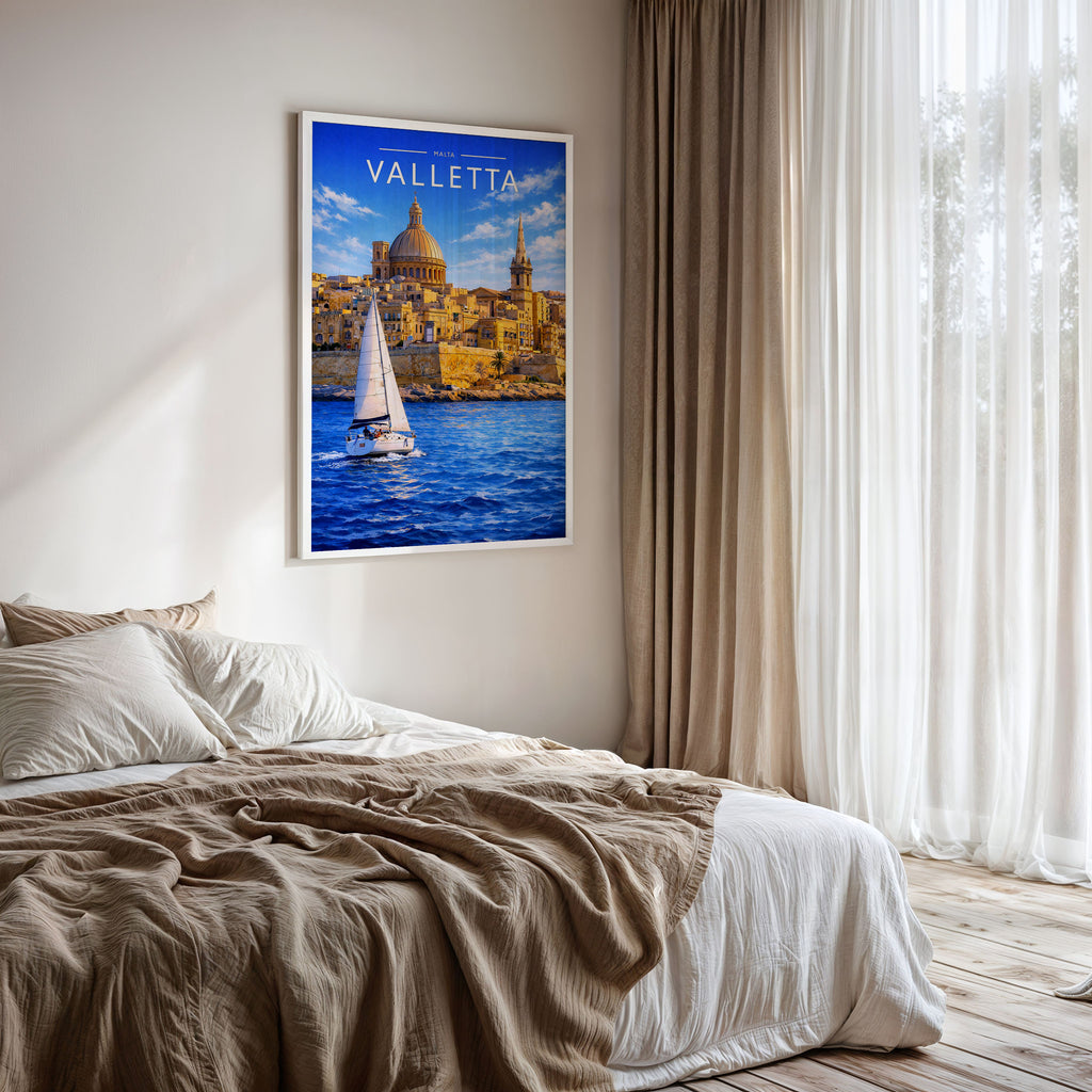 Valletta #2 Travel Poster framed on a bedroom wall