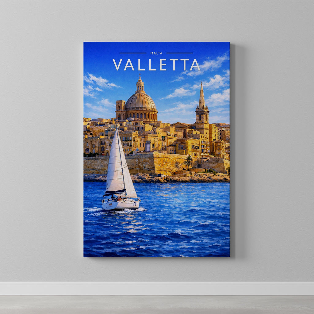 Valletta #2 Travel Poster as a gallery-wrapped canvas on a plain wall