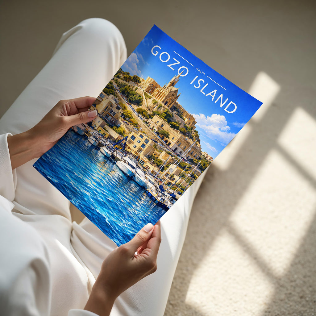 Gozo Island Travel Poster - A4 print held in hand