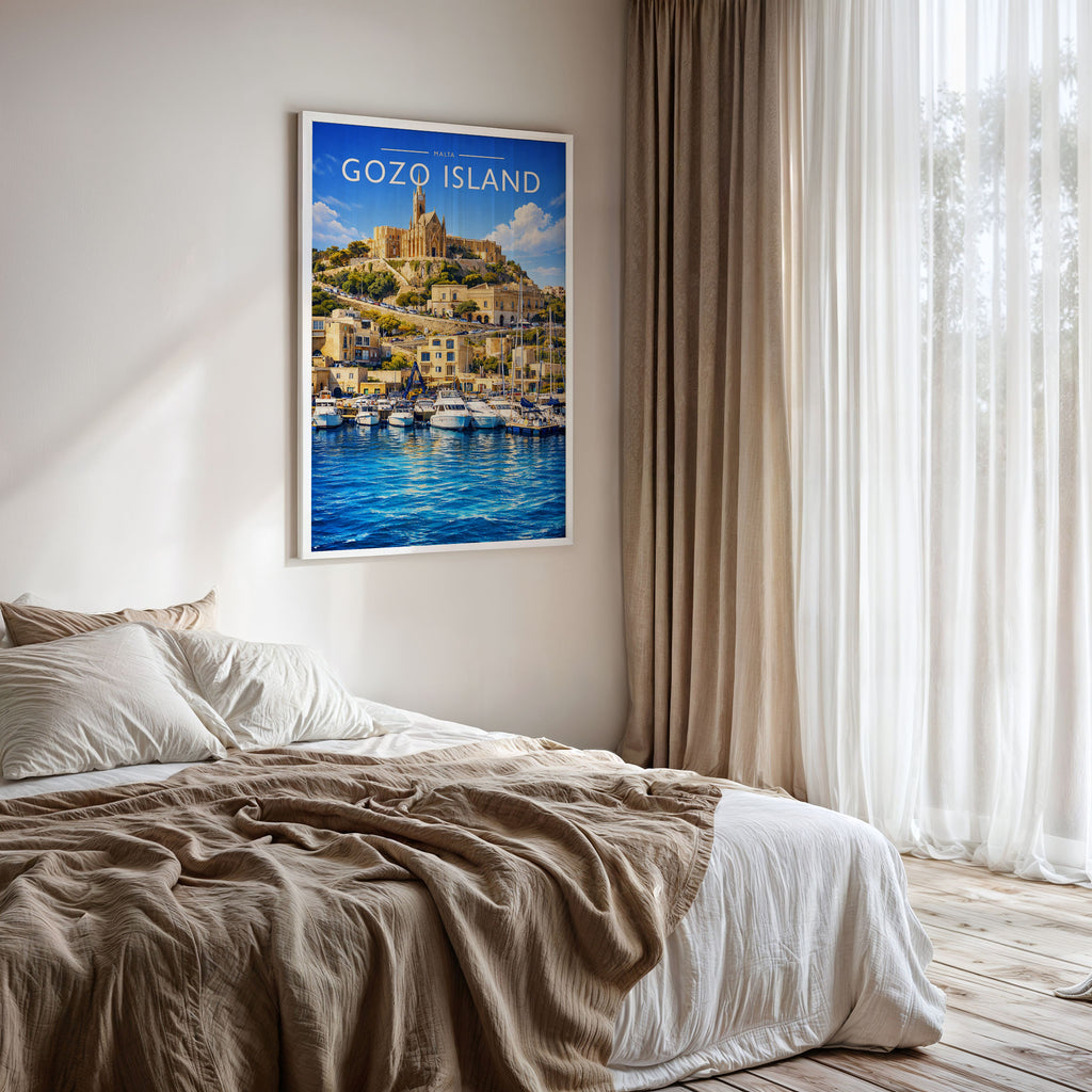 Gozo Island Travel Poster framed on a bedroom wall