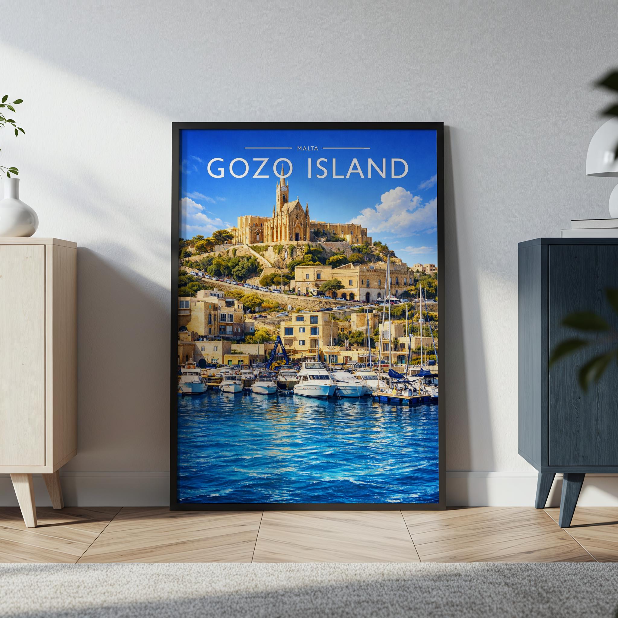 Gozo Island Travel Poster in a black frame
