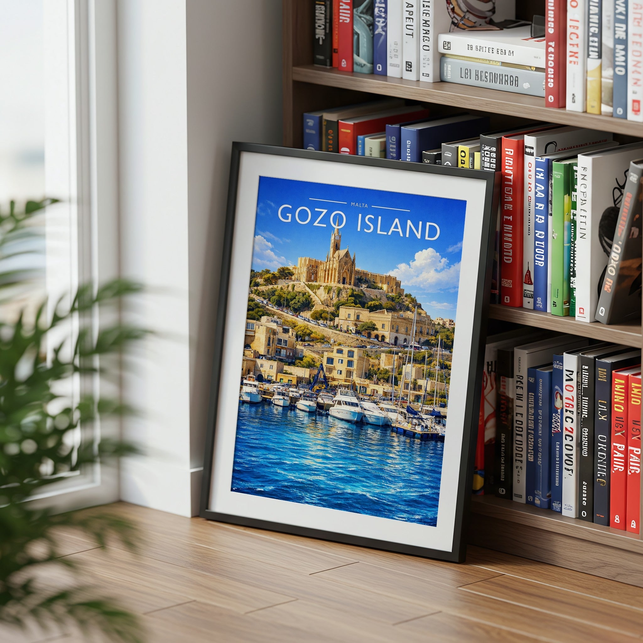Gozo Island Travel Poster mounted in a black frame