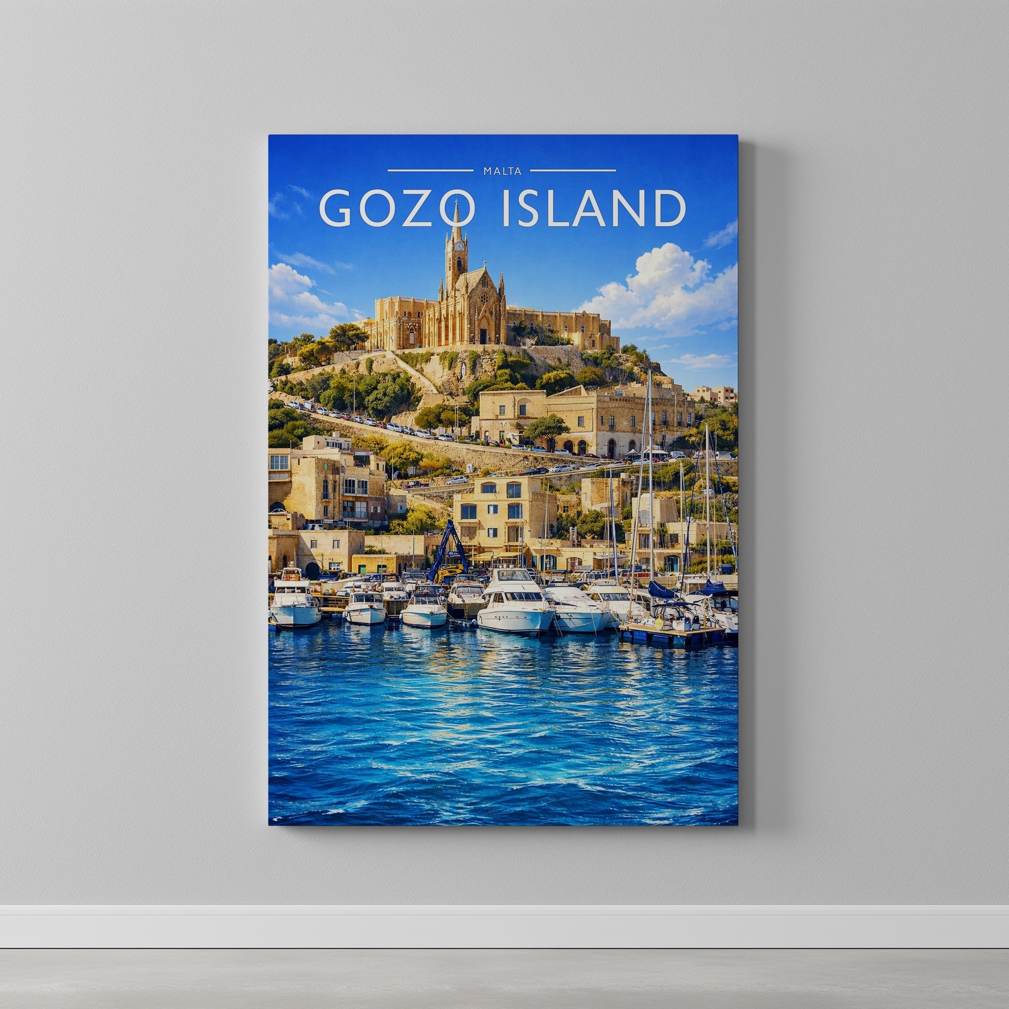 Gozo Island Travel Poster as a gallery-wrapped canvas on a plain wall