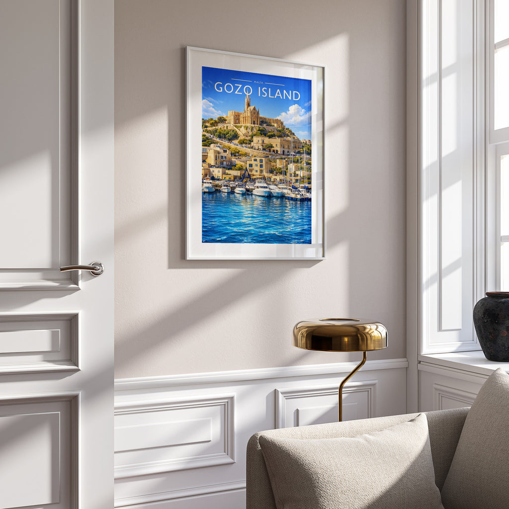 Gozo Island Travel Poster in a white frame on a panelled wall