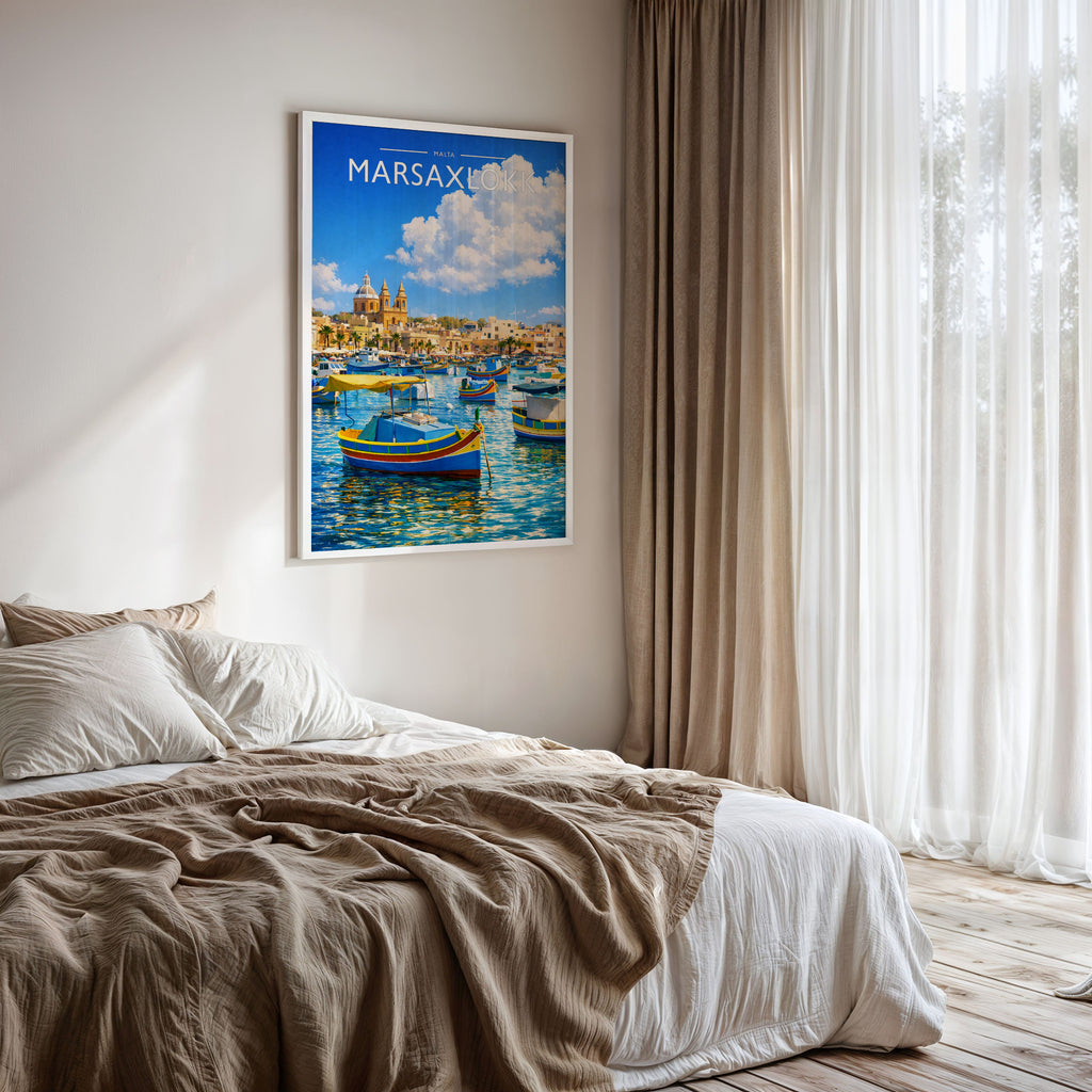 Marsaxlokk Travel Poster framed on a bedroom wall