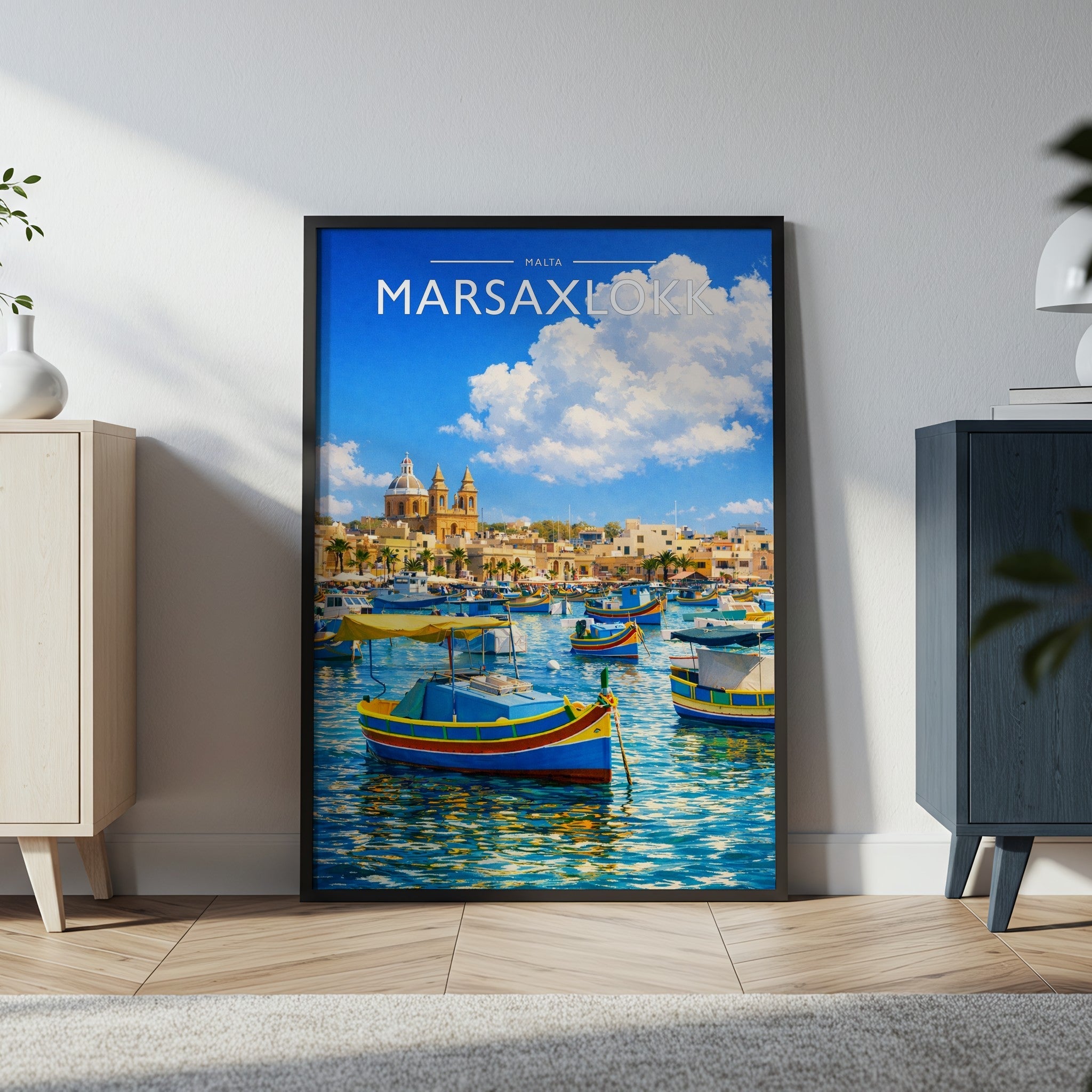 Marsaxlokk Travel Poster in a black frame