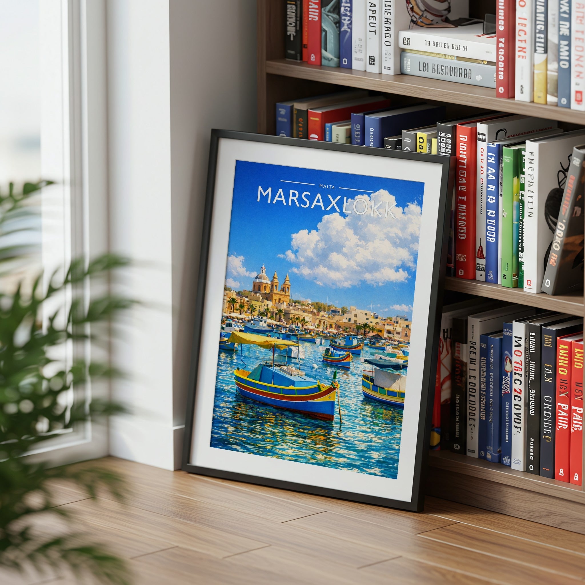 Marsaxlokk Travel Poster mounted in a black frame