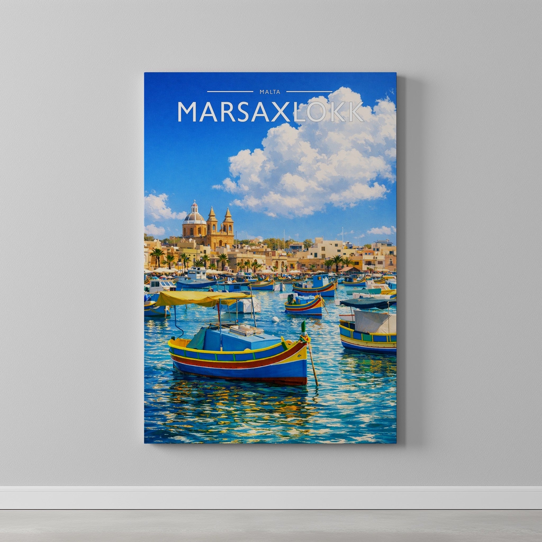 Marsaxlokk Travel Poster as a gallery-wrapped canvas on a plain wall