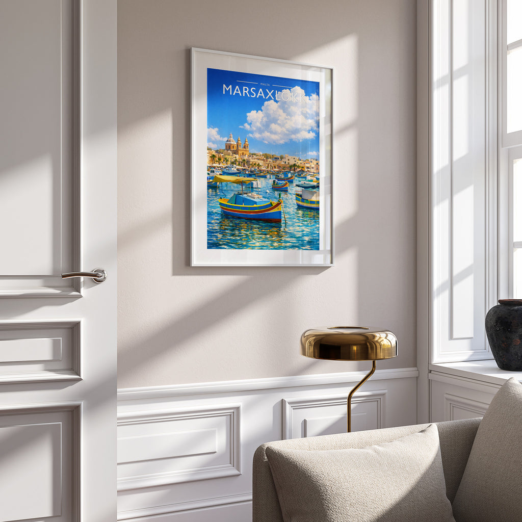 Marsaxlokk Travel Poster in a white frame on a panelled wall
