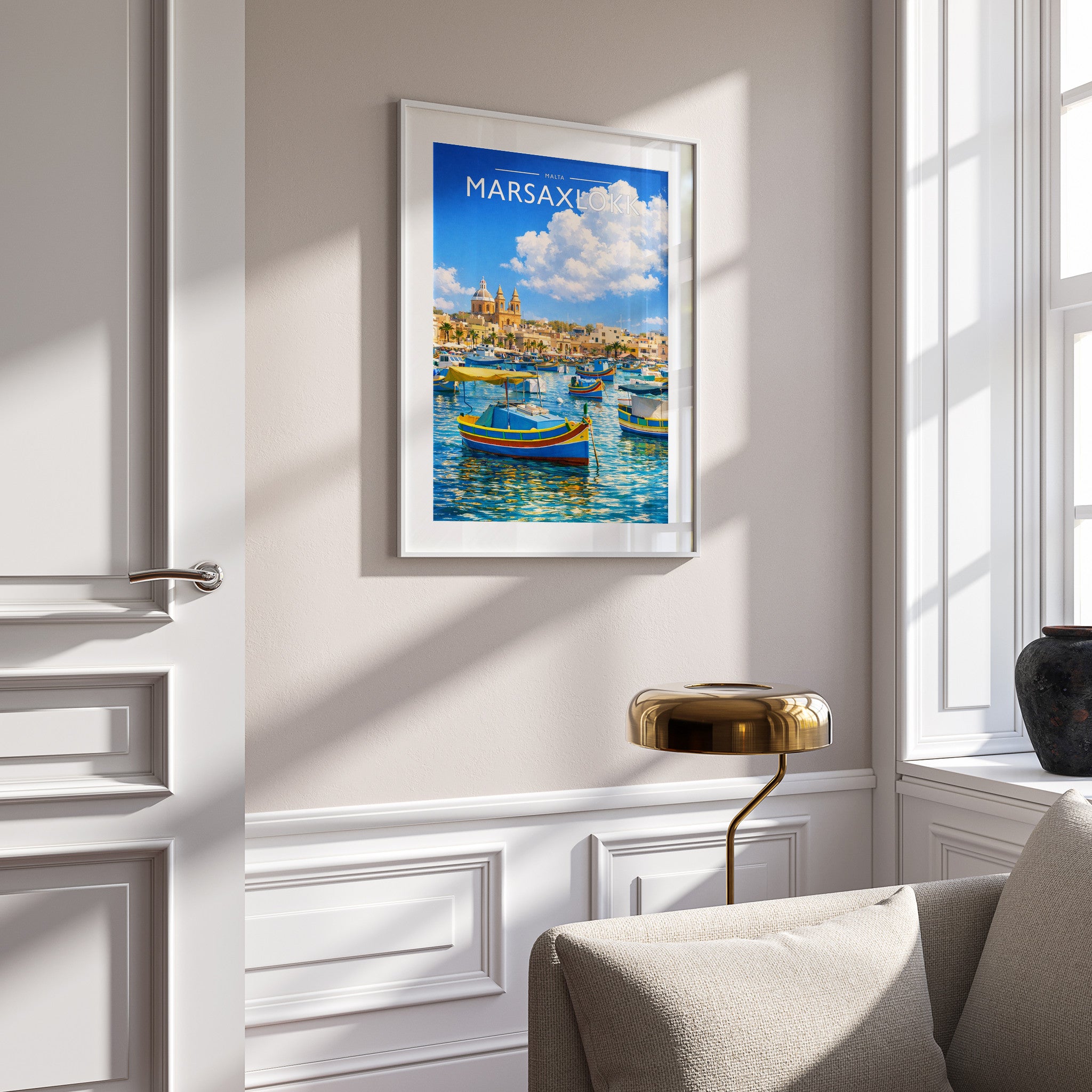 Marsaxlokk Travel Poster in a white frame on a panelled wall