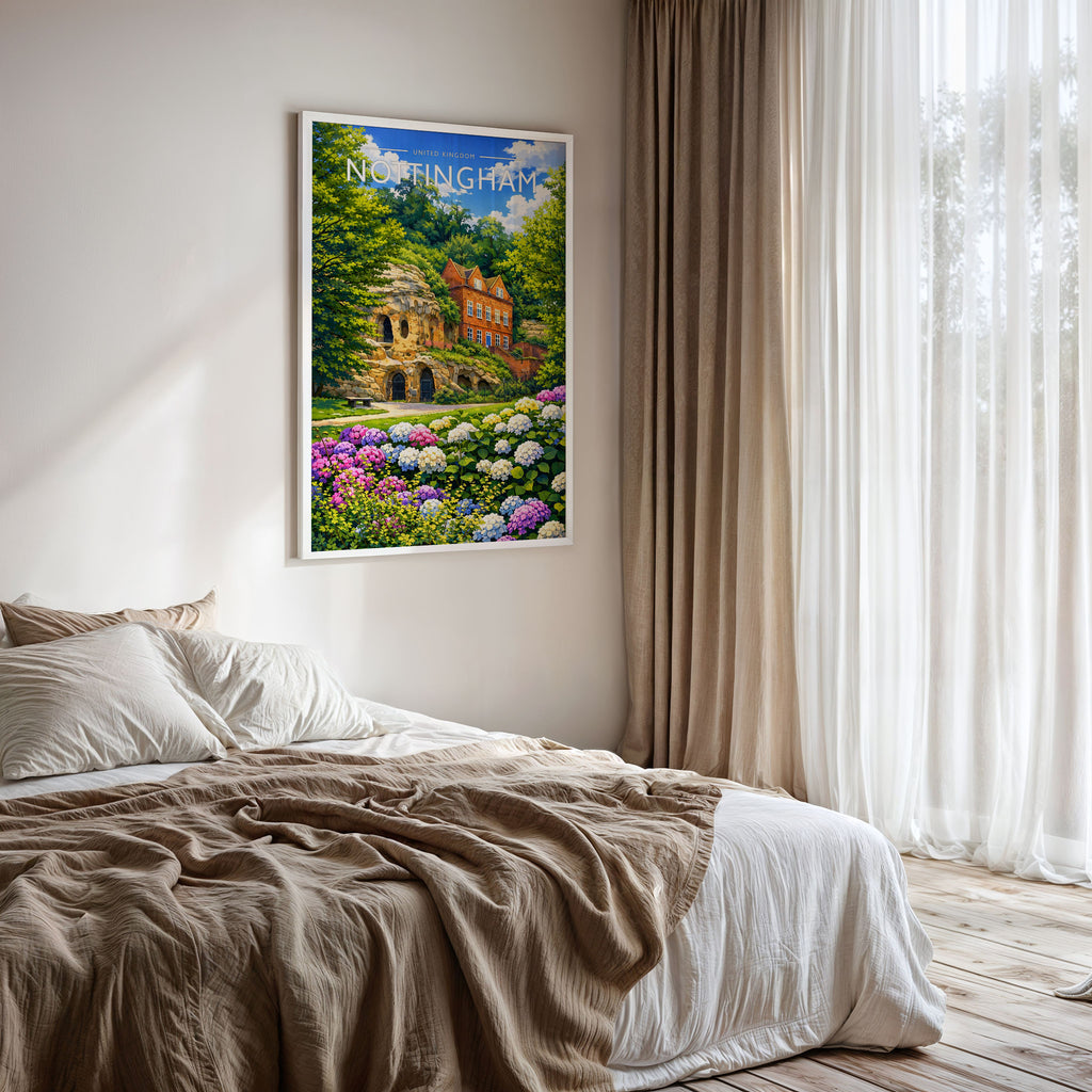 Nottingham Travel Poster framed on a bedroom wall