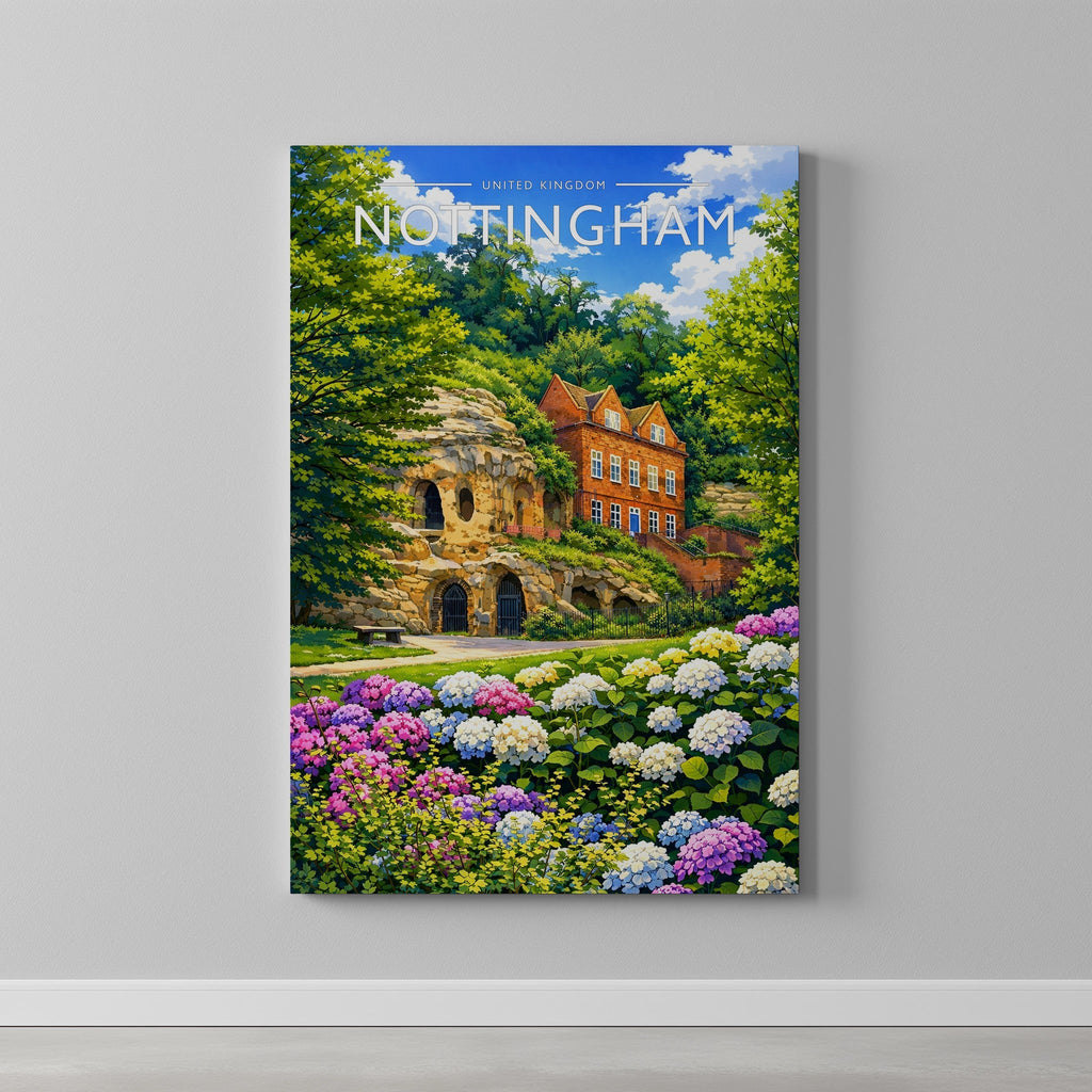 Nottingham Travel Poster as a gallery-wrapped canvas on a plain wall