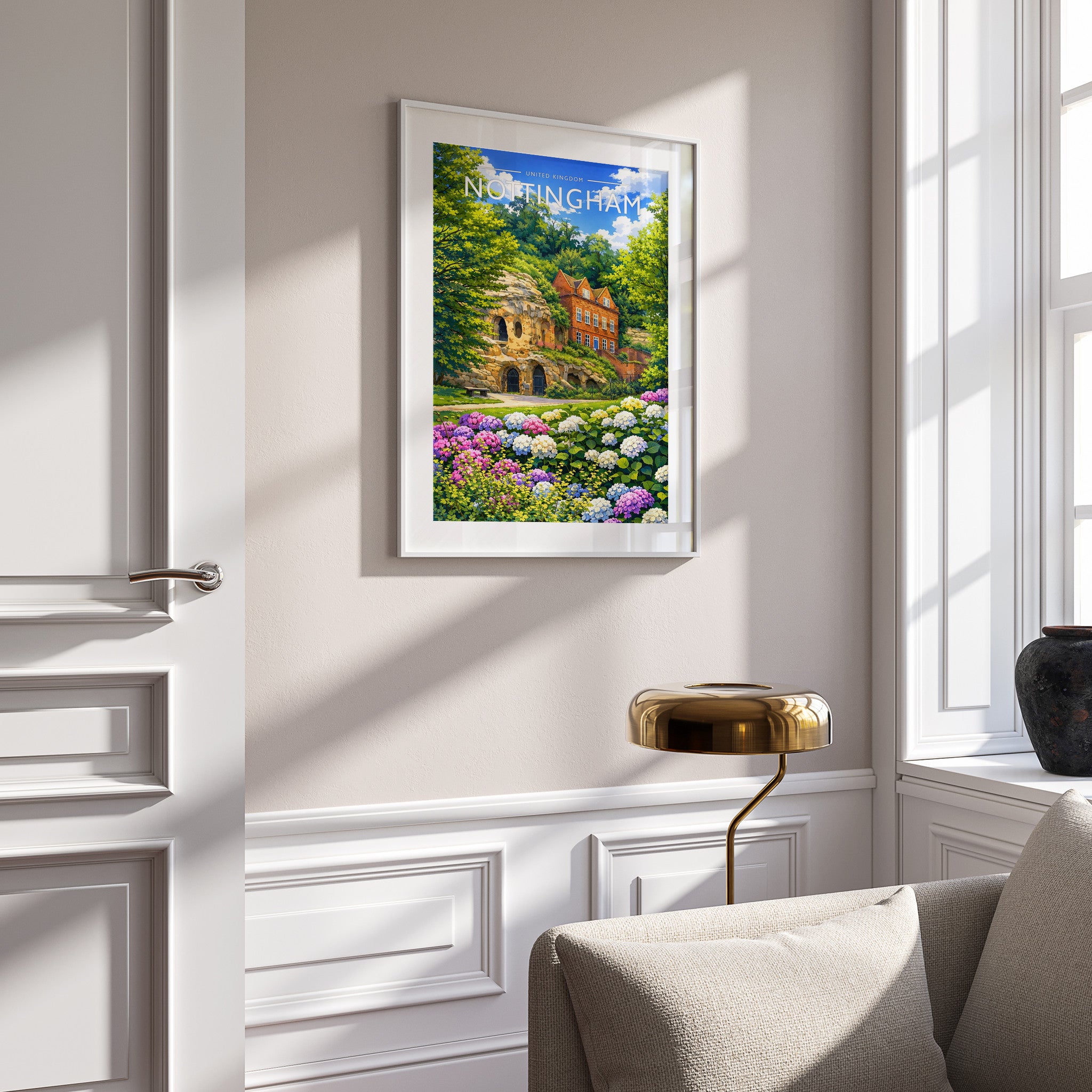 Nottingham Travel Poster in a white frame on a panelled wall