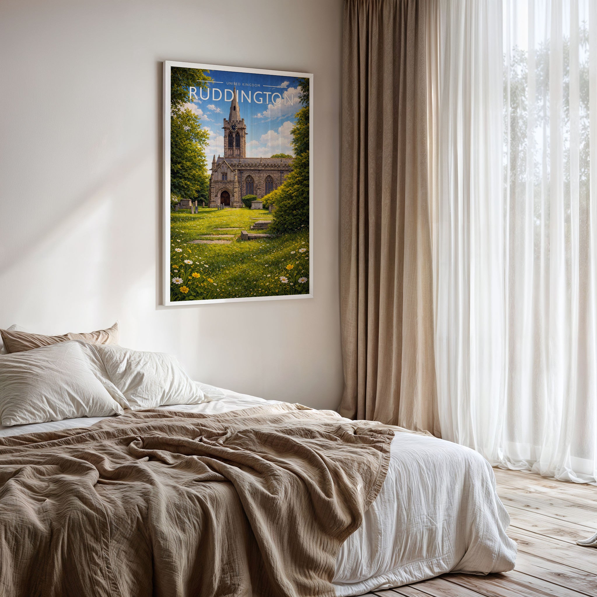 Ruddington Travel Poster framed on a bedroom wall