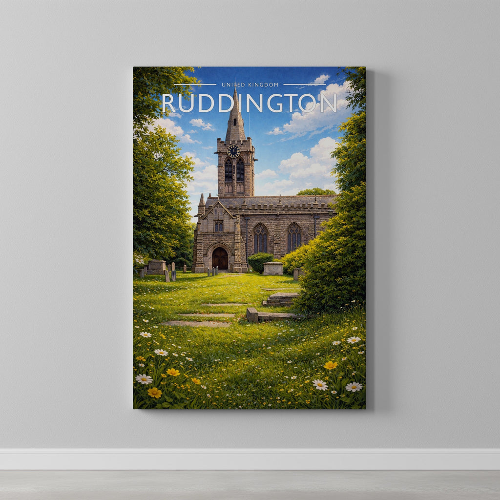 Ruddington Travel Poster as a gallery-wrapped canvas on a plain wall