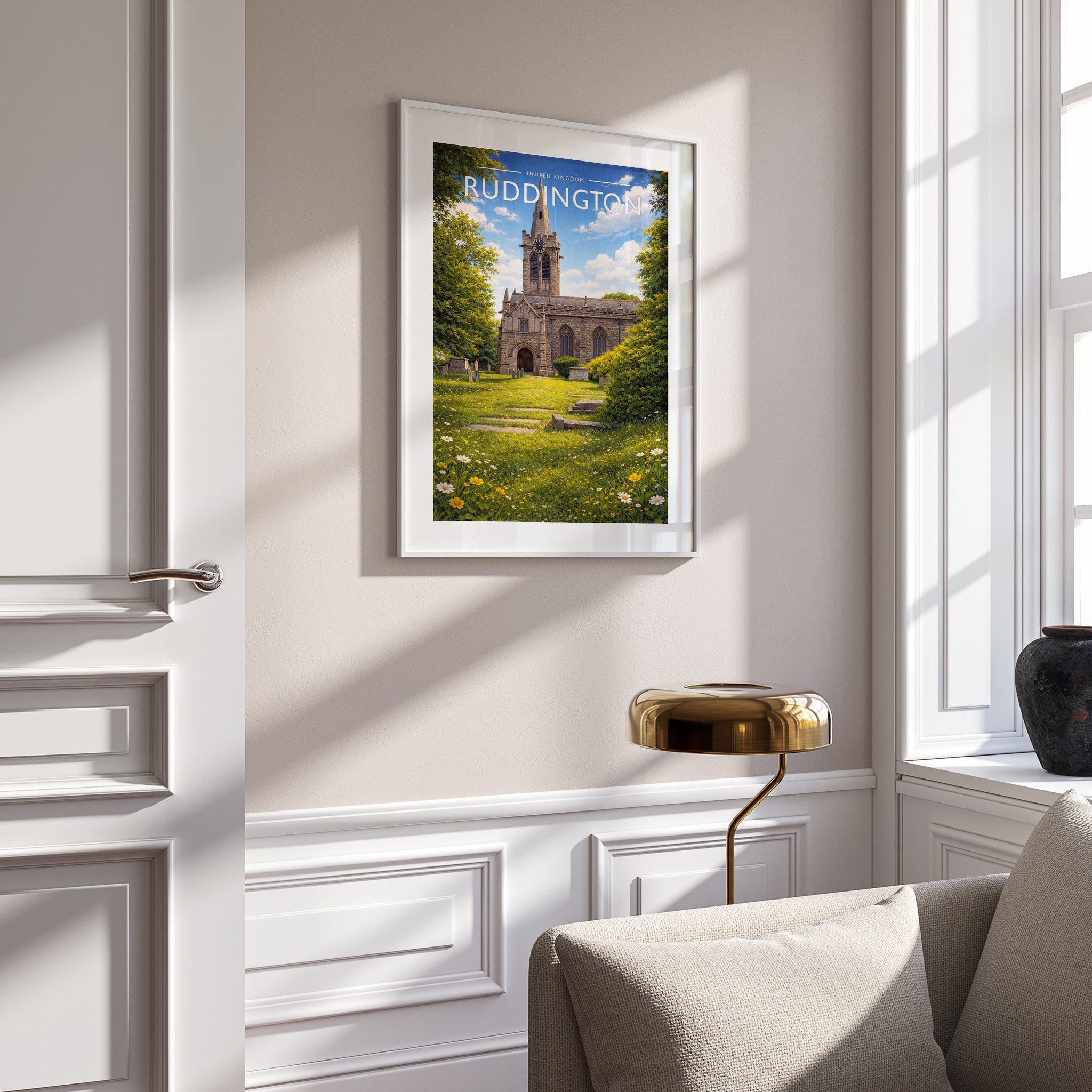 Ruddington Travel Poster in a white frame on a panelled wall