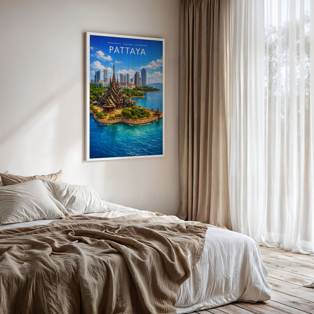 Pattaya Travel Poster framed on a bedroom wall