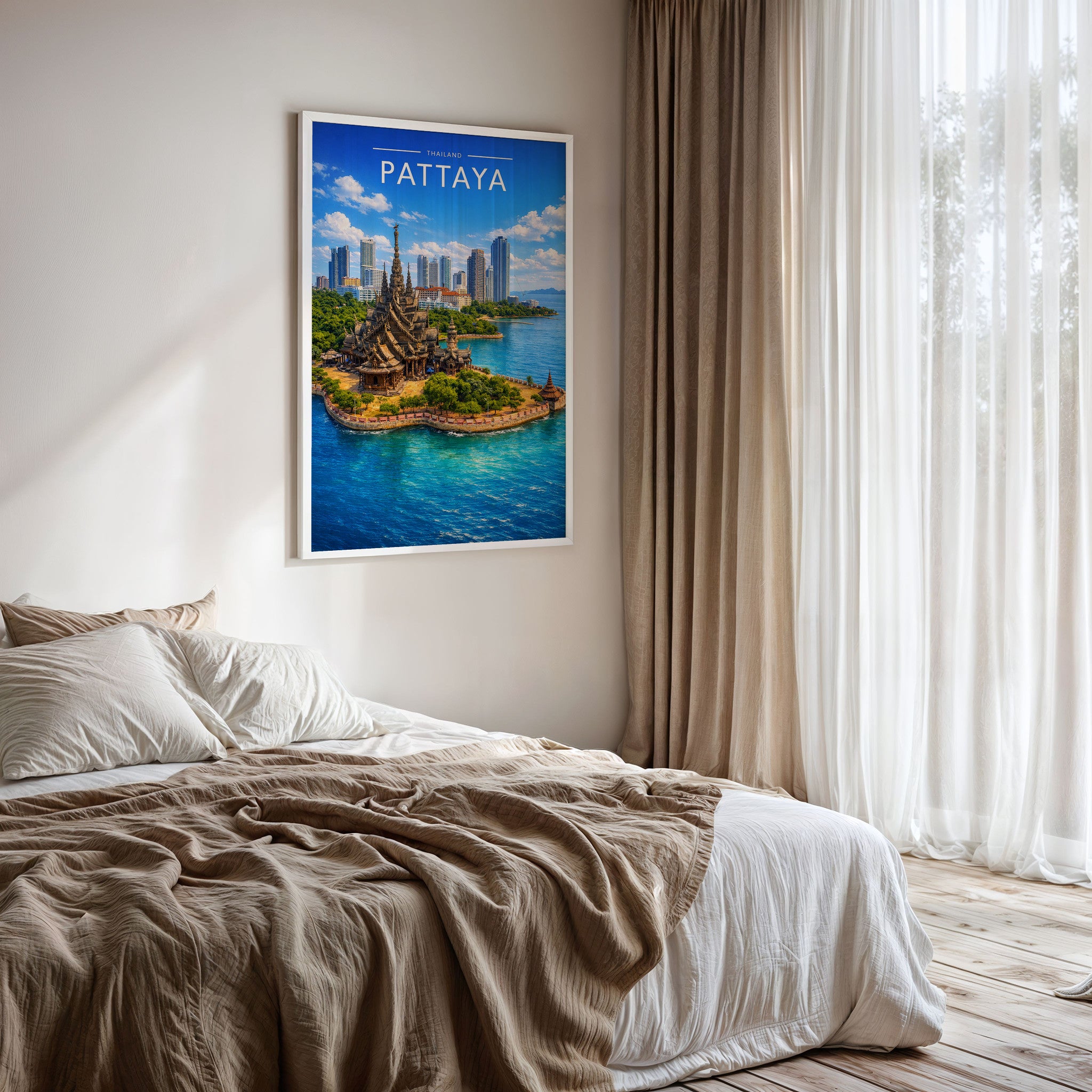 Pattaya Travel Poster framed on a bedroom wall