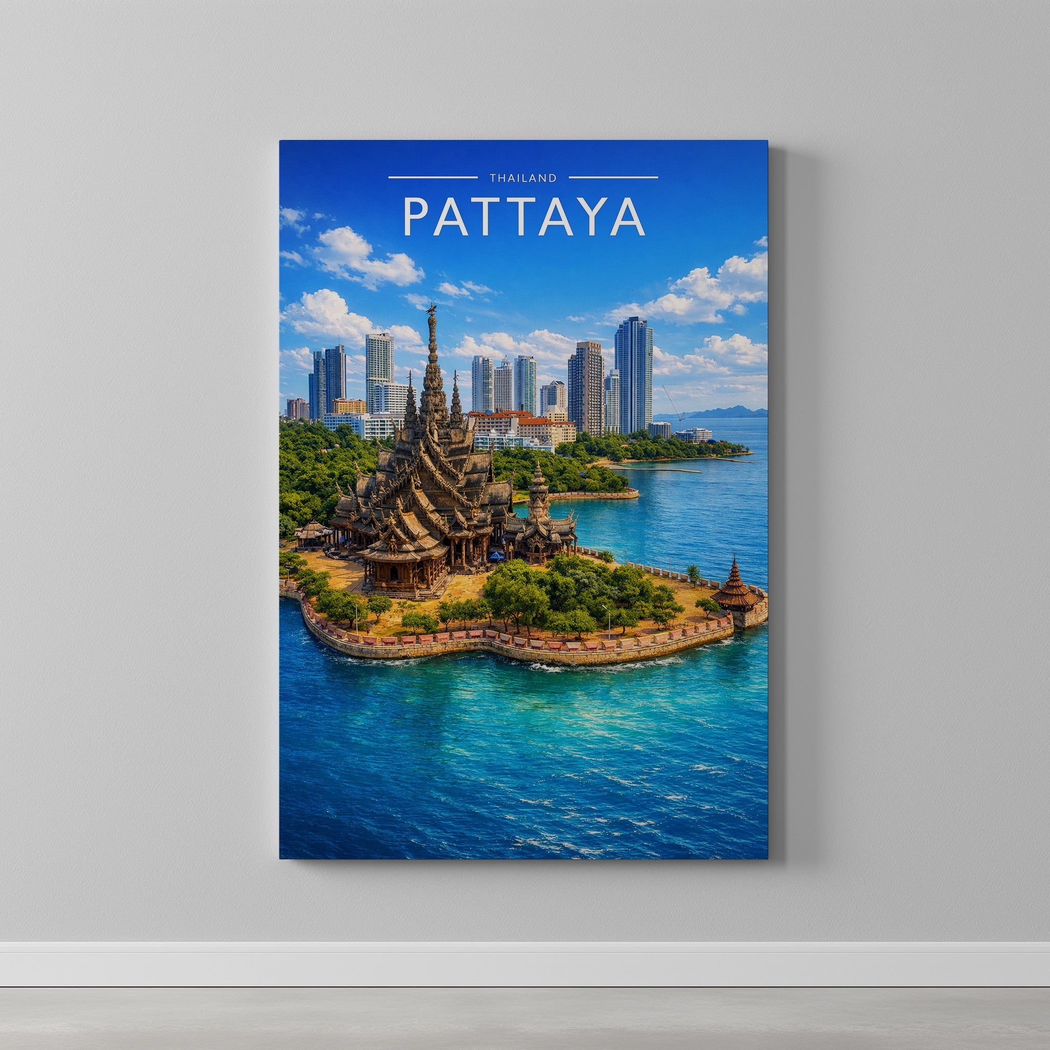 Pattaya Travel Poster as a gallery-wrapped canvas on a plain wall