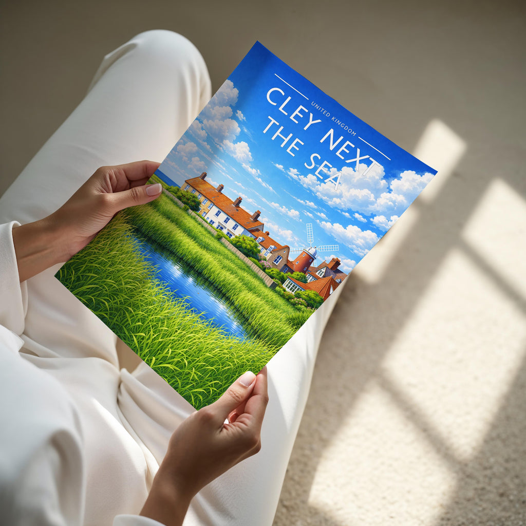 Cley next the Sea Travel Poster - A4 print held in hand