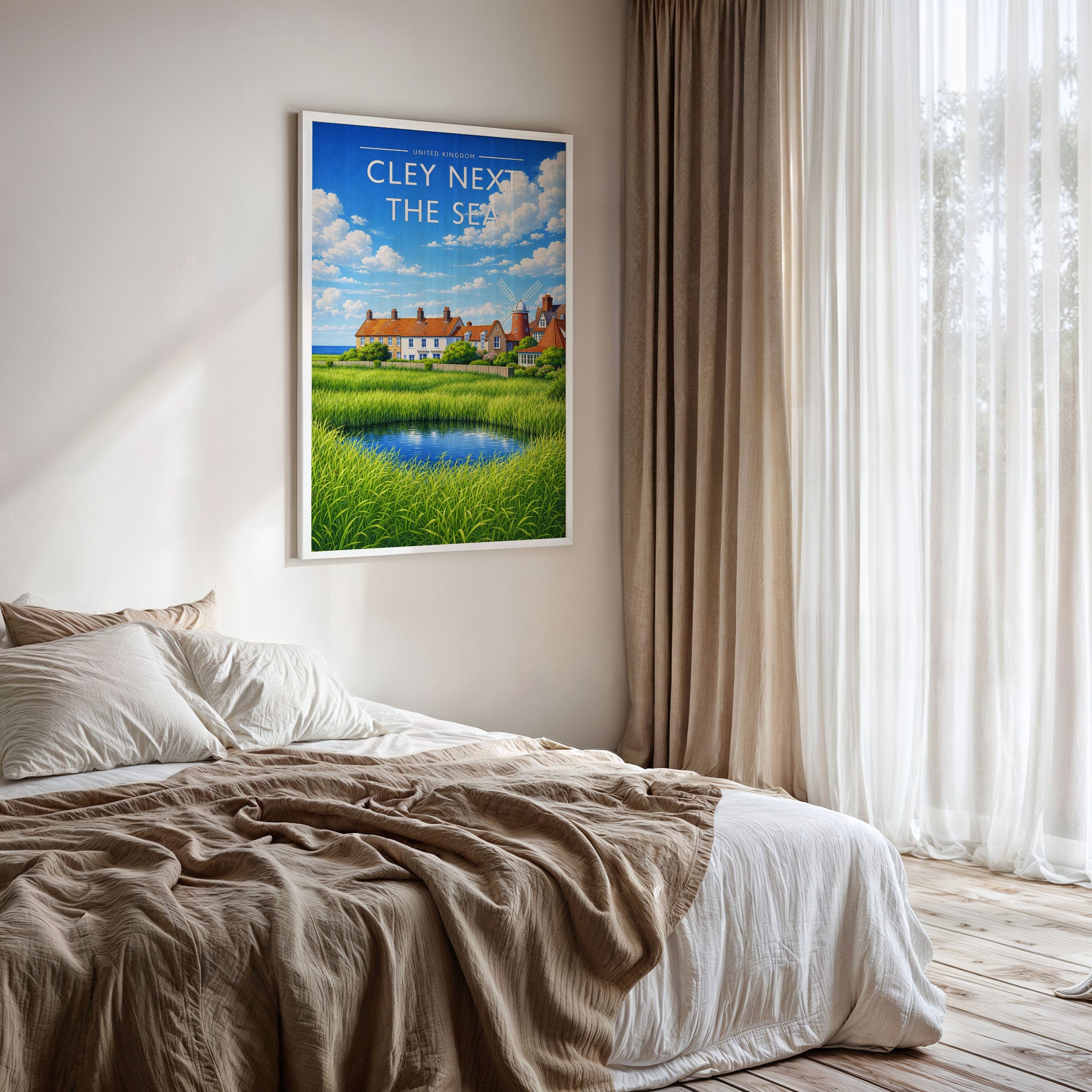 Cley next the Sea Travel Poster framed on a bedroom wall