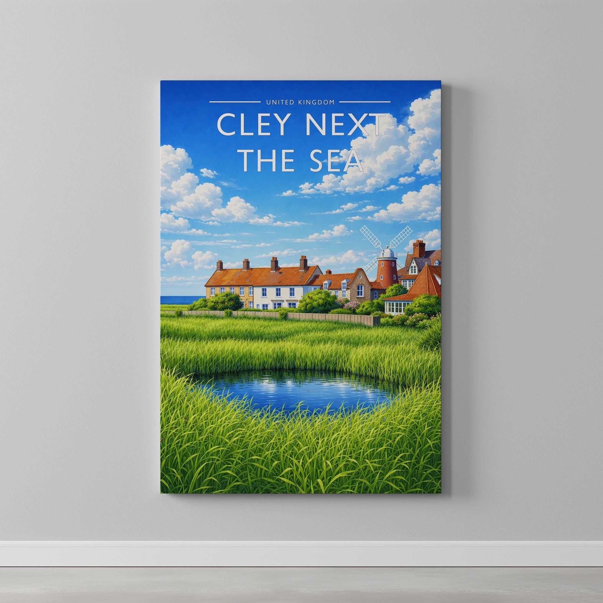 Cley next the Sea Travel Poster as a gallery-wrapped canvas on a plain wall