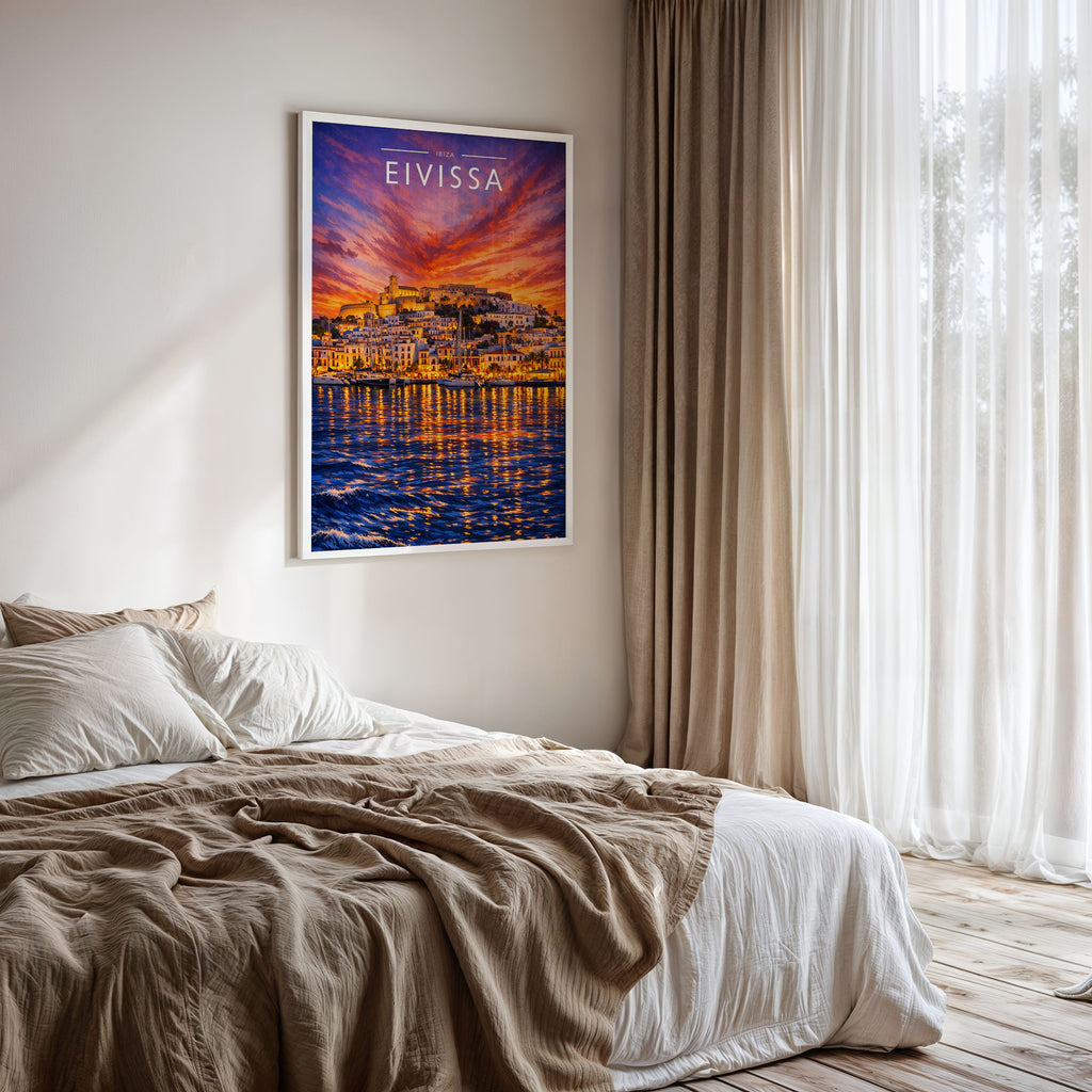 Eivissa #3 Travel Poster framed on a bedroom wall